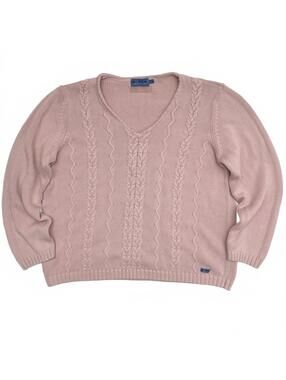 Vintage Modea Marine Pink Cable Knit V Neck Sweater Sz Petite XXL 100% Cotton